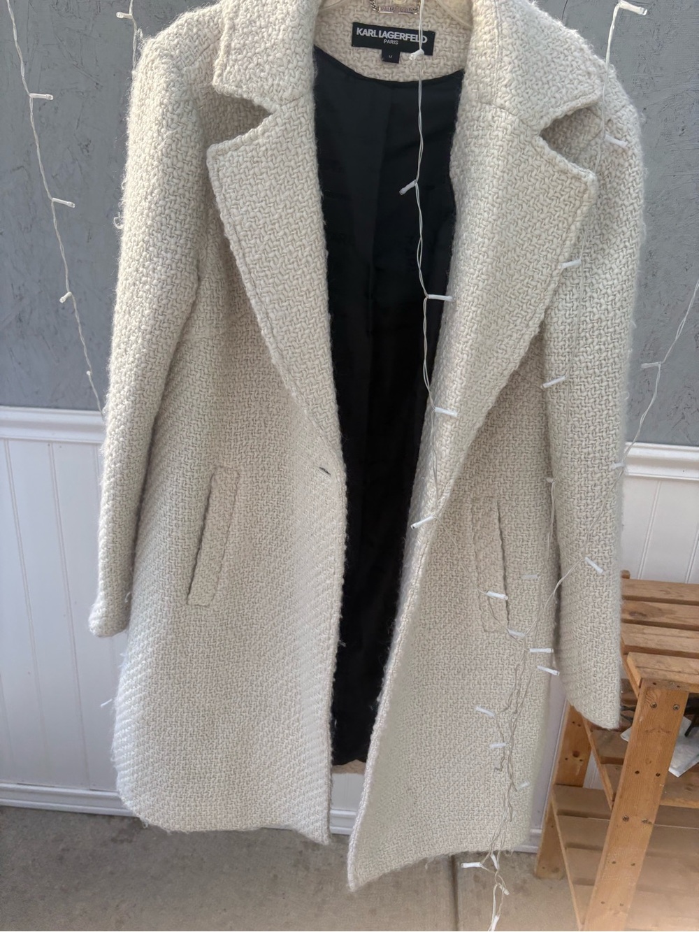 Karl Lagerfeld Cream Bouclé Coat with Black Lining